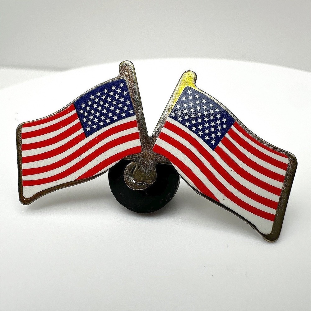 Vintage Patriotic Brooch Pin Crossed Double American Flags Enamel Jewelry 90's